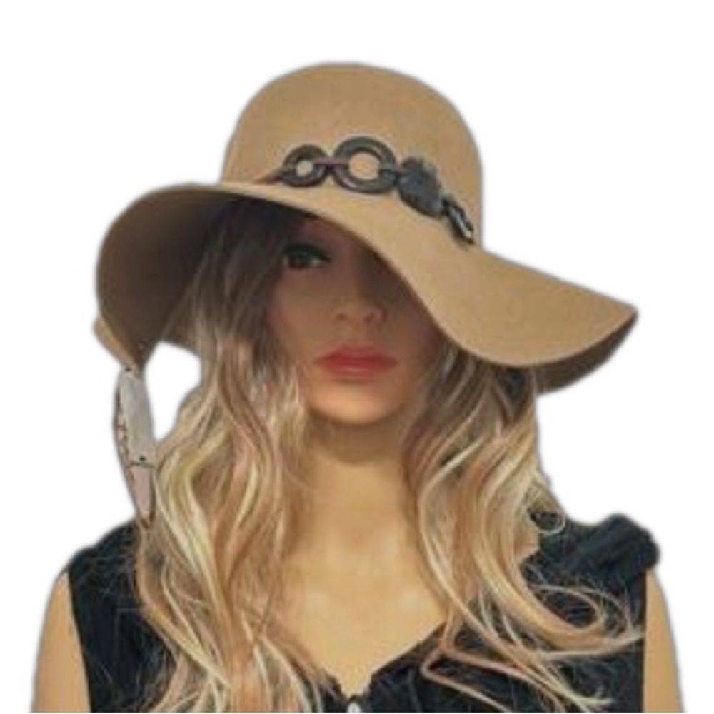 Scala 100% Wool Tan with Espresso/Brown/Black Gem Accent and Wide Brim